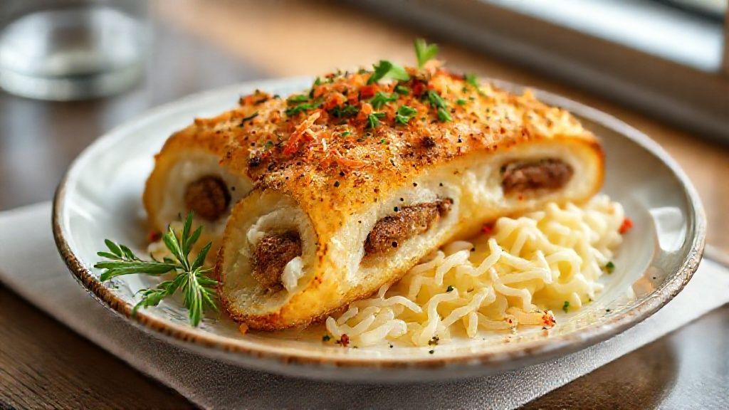 Batata suíça crocante e recheada dourada com queijo derretido, servida quente e apetitosa