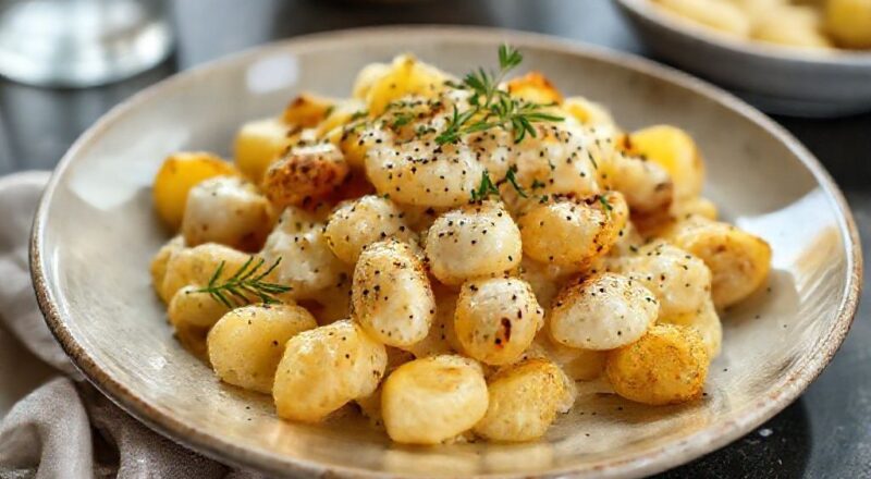 Batatinhas douradas cobertas com molho cremoso de queijo e pimenta, servidas em prato elegante com toque italiano