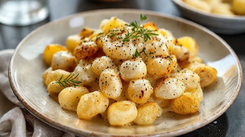 Batatinha cacio e pepe dourada servida com molho cremoso de queijo e pimenta, prato italiano elegante e saboroso