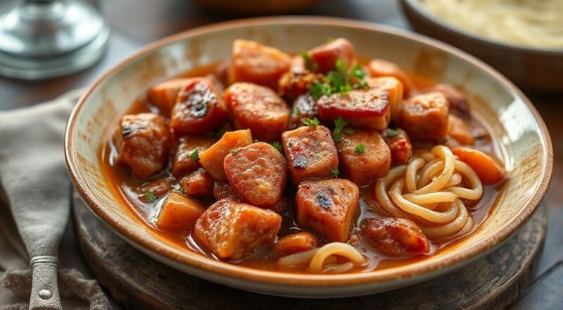 Ensopado polonês robusto e fumegante com pedaços suculentos de linguiça, bacon e repolho servido em tigela artesanal.