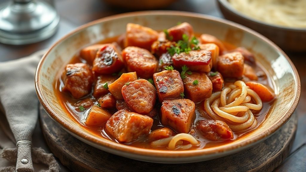 Bigos Polonês com Linguiça Defumada e Bacon servido em tigela rústica, ensopado espesso e fumegante, típico da culinária polonesa.