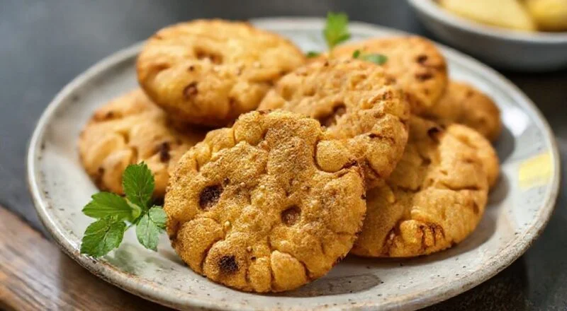 Biscoitinhos caipiras dourados, levemente polvilhados com açúcar e canela, servidos em prato de cerâmica rústico