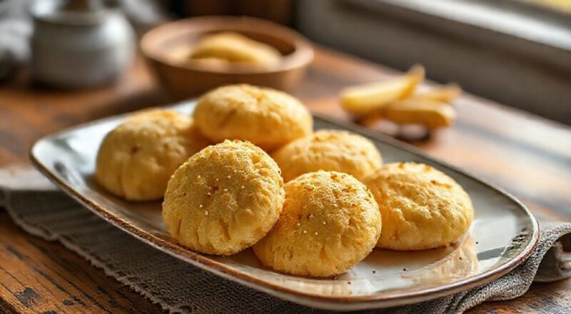 Biscoitos dourados e crocantes servidos em cesta de palha, ao lado de xícara de café fresco