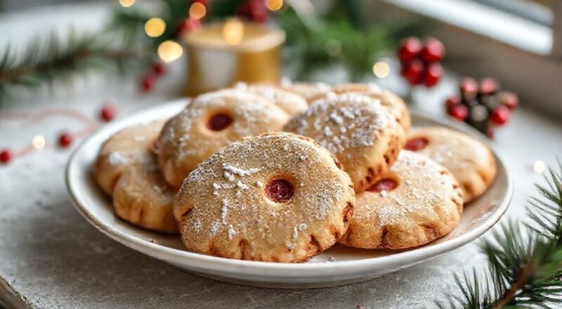 Biscoitos natalinos crocantes decorados com glacê nas cores vermelho, verde e branco, dispostos em uma bandeja festiva.