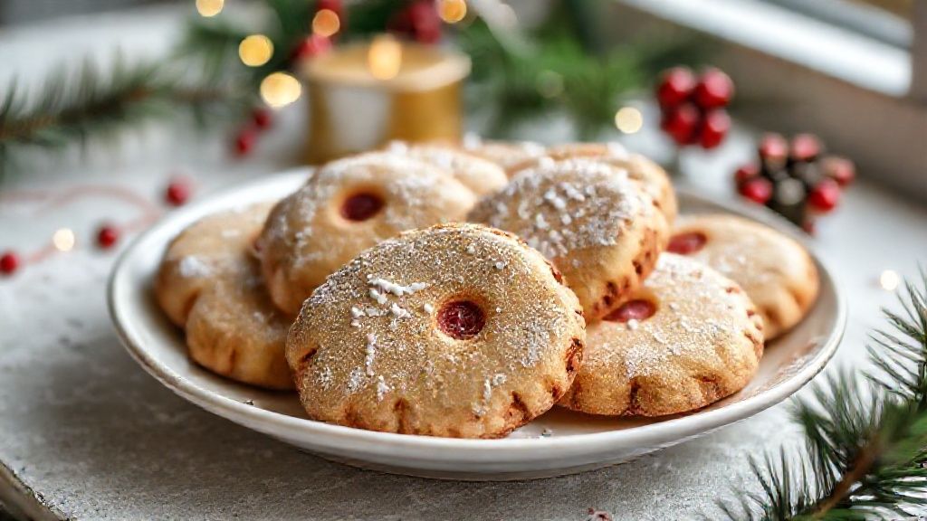 Prato com biscoitos natalinos decorados em cores festivas, crocantes e dourados, prontos para servir