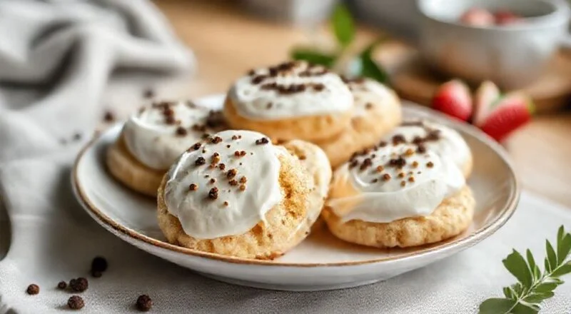 Bolachinhas douradas e crocantes servidas em prato branco, polvilhadas com coco ralado e acompanhadas de uma xícara de café.