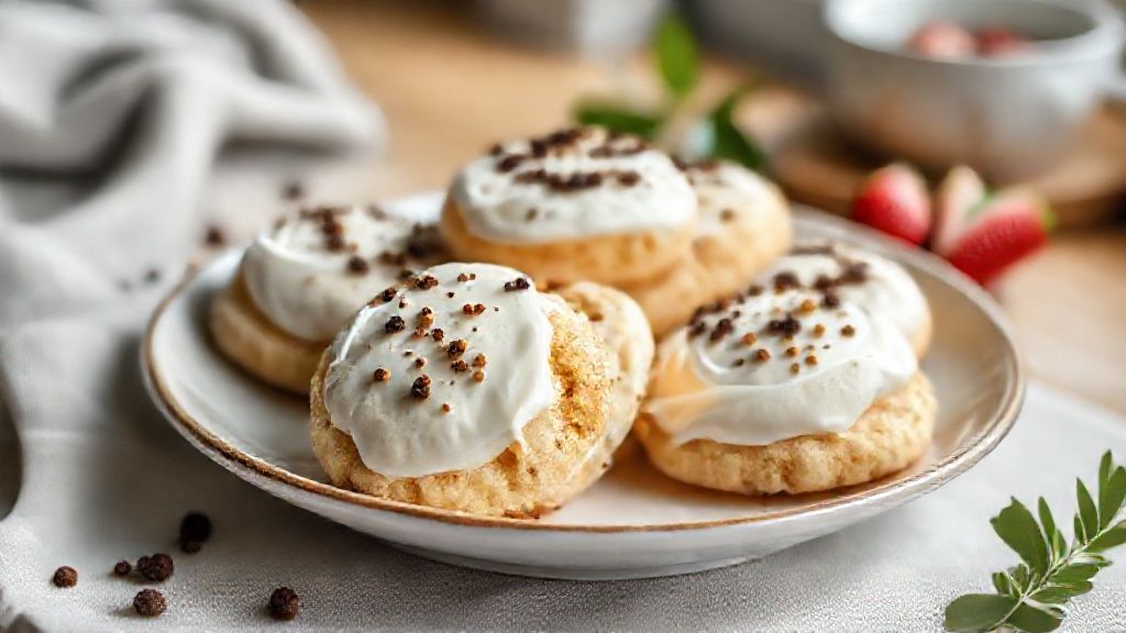 Bolachinha caseira com iogurte dourada e crocante servida em prato rústico, perfeita para café da tarde