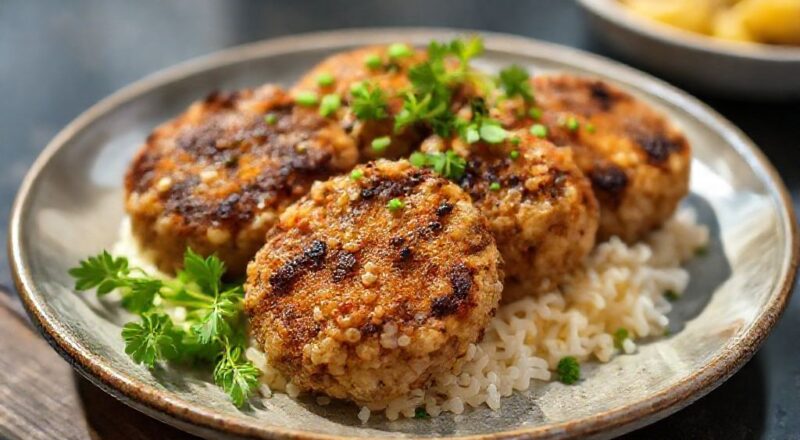 Bolinhos dourados de arroz com costela, servidos em prato rústico com molho e toque de cheiro-verde