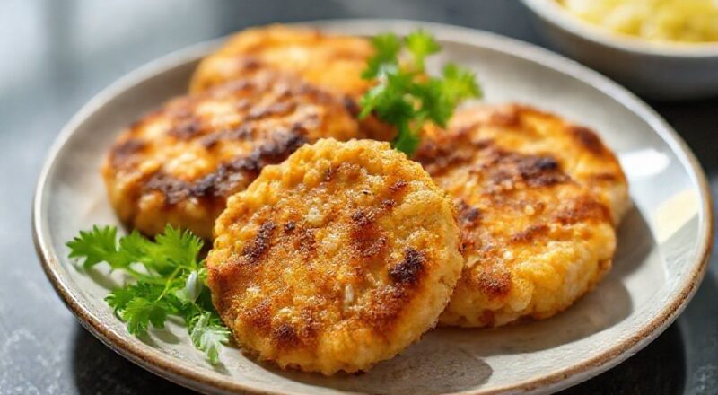 Bolinhos dourados e crocantes dispostos em prato rústico, com queijo derretendo e ervas frescas