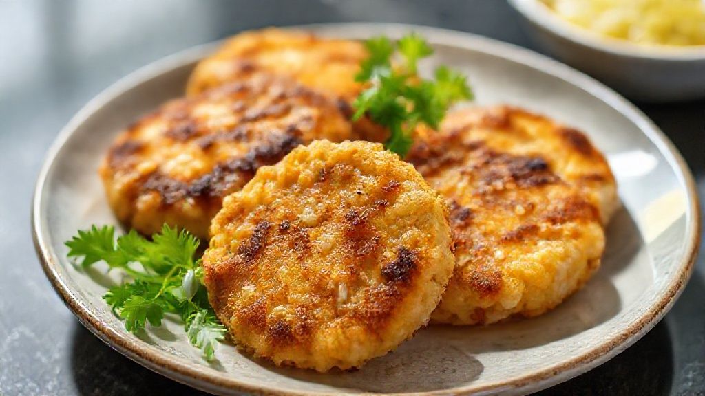 Bolinho de arroz de frigideira dourado, crocante e servido quente em prato rústico