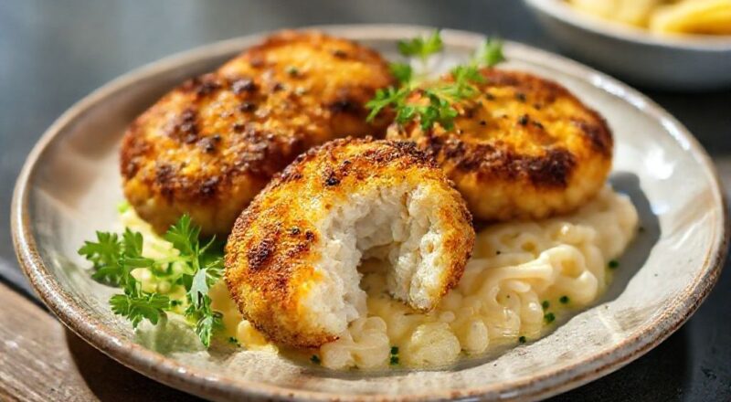 Bolinhos dourados e crocantes servidos em um prato rústico com limão e salsa fresca.