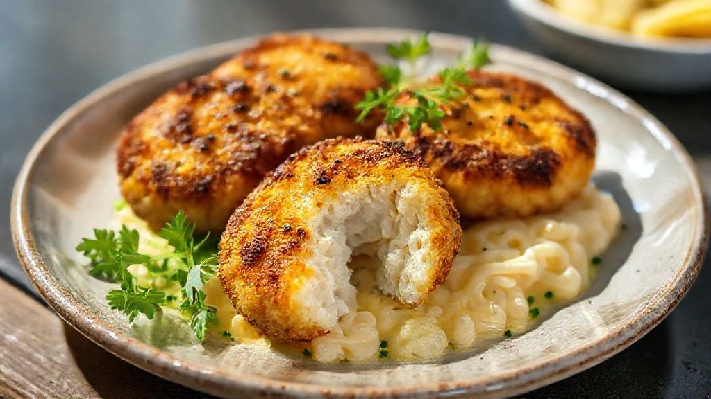 Bolinho de bacalhau fake crocante por fora e macio por dentro, servido quente com limão e salsa fresca.