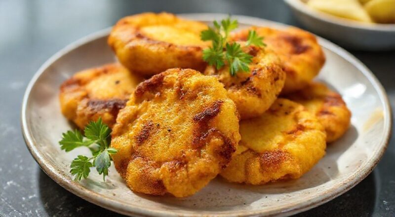 Prato com bolinhos de mandioca dourados e crocantes, servidos com molho de pimenta