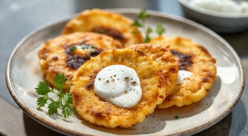 Prato com bolinhos meia lua dourados, cobertos com coco ralado e calda brilhante de laranja