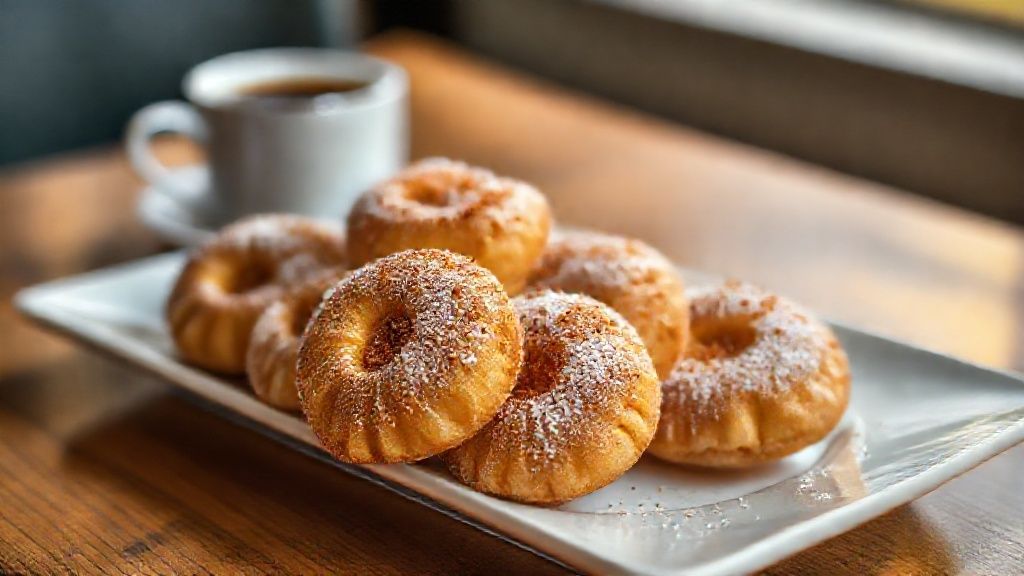 Bolinho sapo crocante dourado e polvilhado com açúcar e canela, servido para café da tarde
