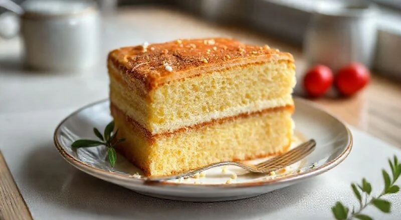 Bolo amanteigado dourado e fofo, com superfície levemente açucarada e aparência caseira e apetitosa