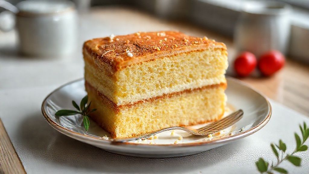 Bolo amanteigado macio e dourado servido em prato branco, com textura fofa e aroma irresistível