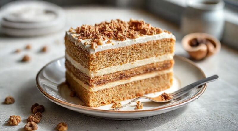 Bolo bem casado com nozes e doce de leite, decorado com açúcar de confeiteiro e nozes, servido em prato de porcelana elegante