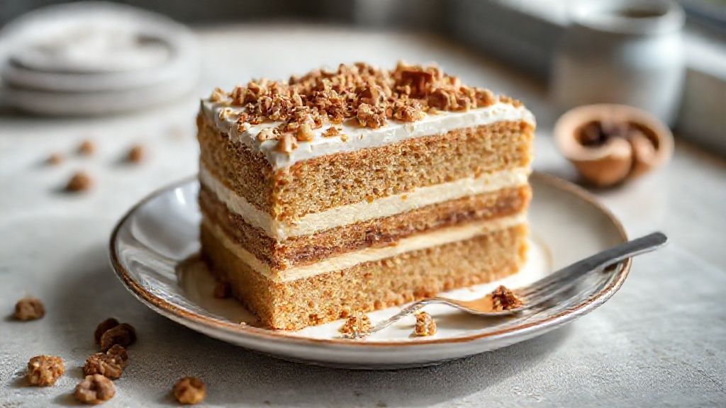 Bolo bem casado com nozes e doce de leite decorado com açúcar de confeiteiro e nozes inteiras