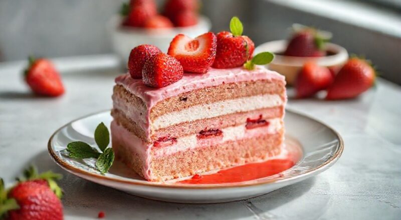 Bolo bombom de morango com camadas de creme e cobertura de chocolate brilhante, decorado com morangos frescos