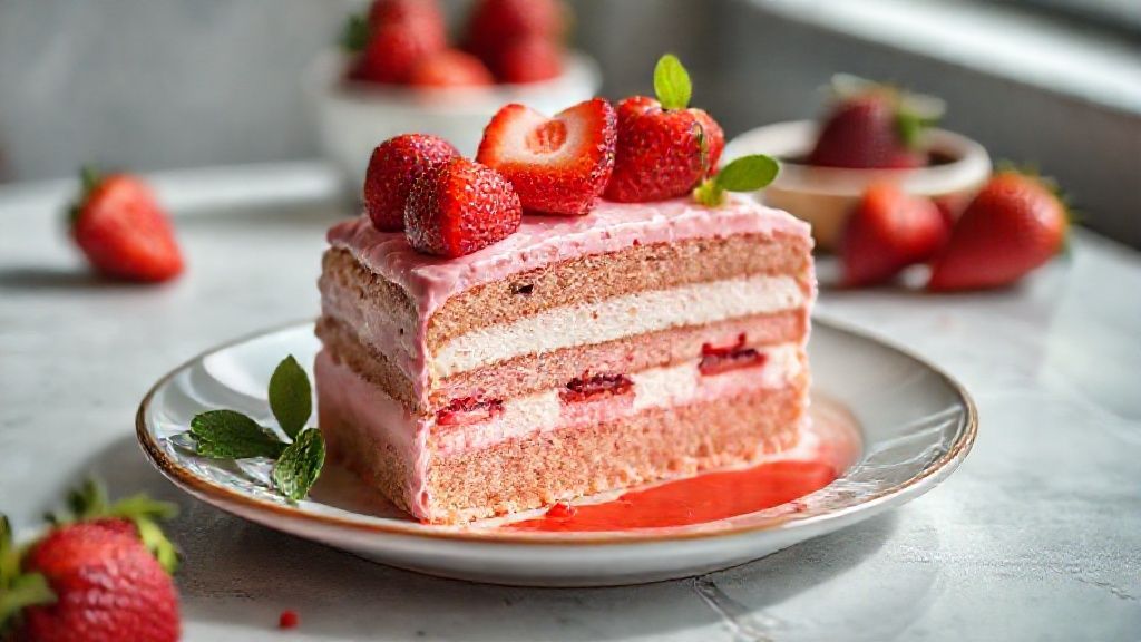 Bolo bombom de morango com cobertura brilhante de chocolate e morangos frescos por cima