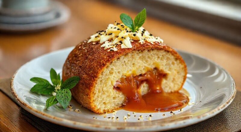 Bolo dourado e úmido com cobertura de goiabada derretida e queijo, servido em uma travessa rústica