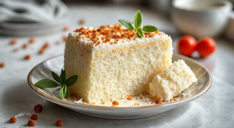 Bolo cocada dourado e macio, com textura úmida e pedaços de coco, servido sobre prato branco decorado