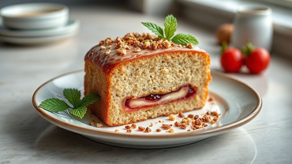 Bolo com recheio que assa junto pronto, com interior cremoso e massa dourada, servido em fatia apetitosa