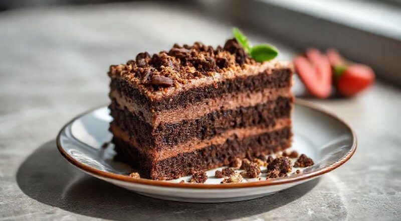 Bolo crunch cake finalizado com cobertura crocante, ganache brilhante e base úmida, servido em fatias apetitosas
