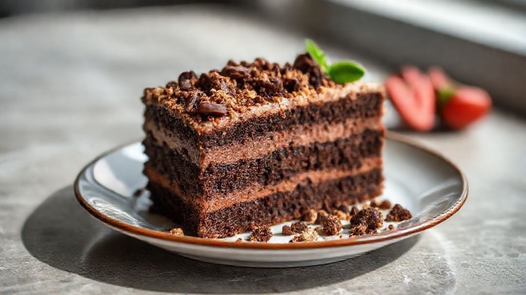 Bolo crunch cake com camadas de chocolate, ganache cremosa e cobertura crocante reluzente