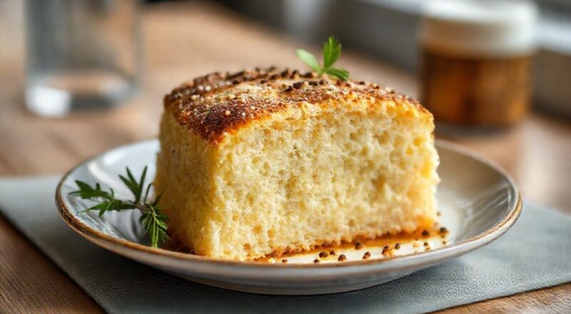 Bolo de cerveja fofinho já pronto, dourado, coberto com glacê e raspas cítricas, servido em prato elegante de sobremesa