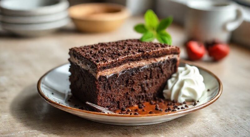 Bolo de chocolate caseiro com creme, com cobertura brilhante e textura úmida sobre um prato decorativo
