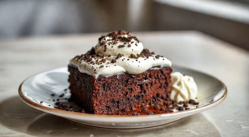 Bolo de chocolate fofinho com cobertura cremosa e brilho intenso, servido em prato branco decorado