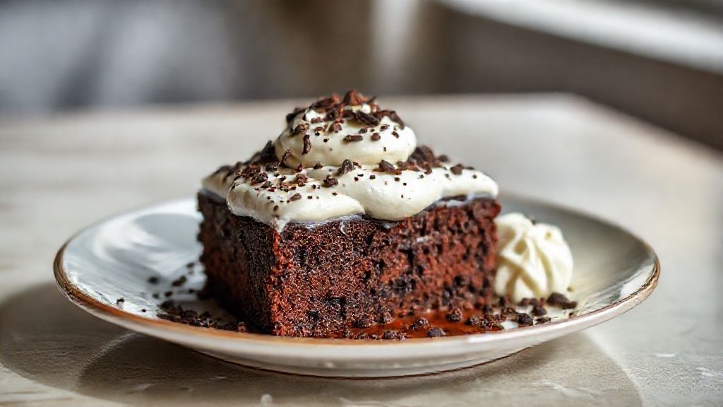 Bolo de chocolate com cobertura cremosa de leite em pó, pronto para servir e decorado de forma apetitosa