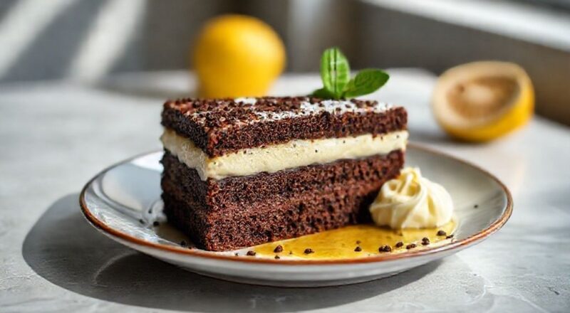 Bolo decorado com mousse de limão e raspas cítricas sobre cobertura cremosa de chocolate, aparência elegante e fresca