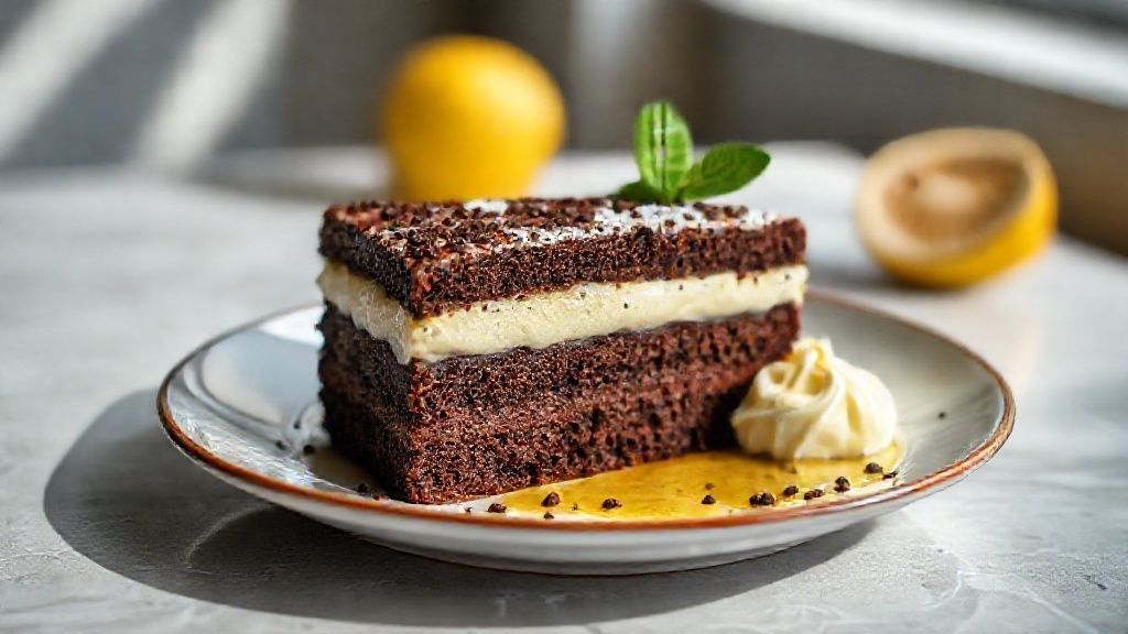 Bolo de chocolate com mousse de limão cremoso decorado com raspas de limão, sobremesa elegante e irresistível