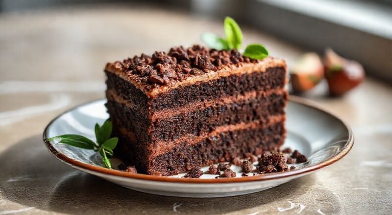 Bolo de chocolate crocante com camadas de brigadeiro e cobertura marmorizada de chocolate branco e meio amargo