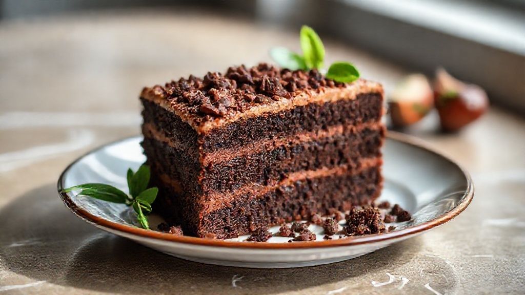 Bolo de chocolate crocante com cobertura de brigadeiro e camadas crocantes, pronto para servir