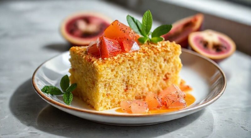 Bolo de flocão com goiabada dourado, fofinho e com pedaços de goiabada derretida, servido em prato rústico