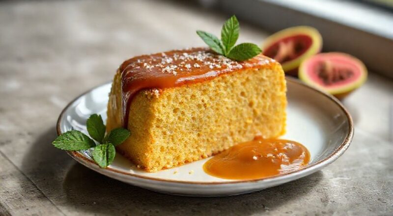 Bolo de fubá com goiabada fofinho e dourado, exibido em prato de porcelana, com fatia cortada e pedaços de goiabada visíveis