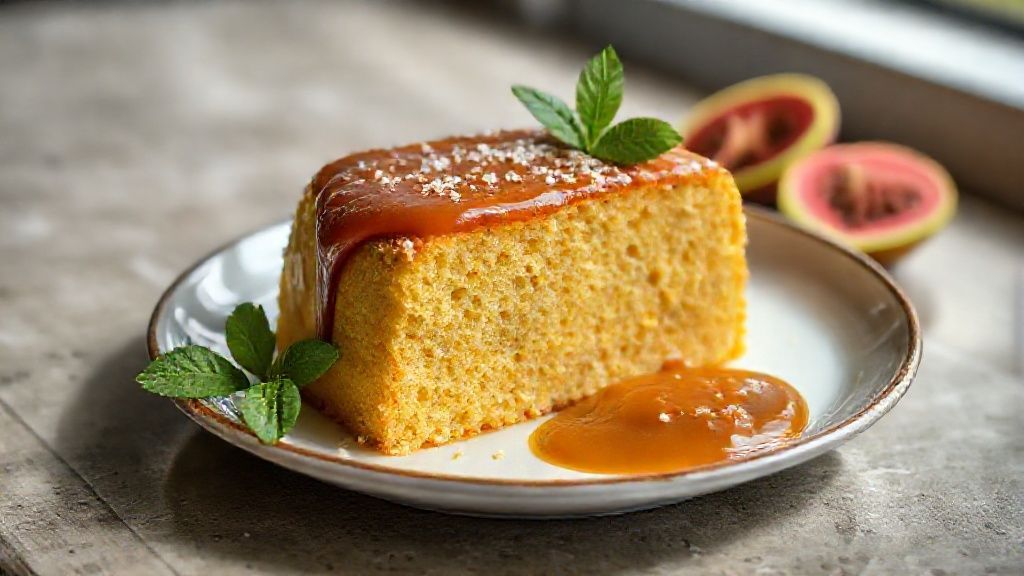 Bolo de fubá com goiabada fofinho e dourado, com pedaços de goiabada derretida e textura úmida