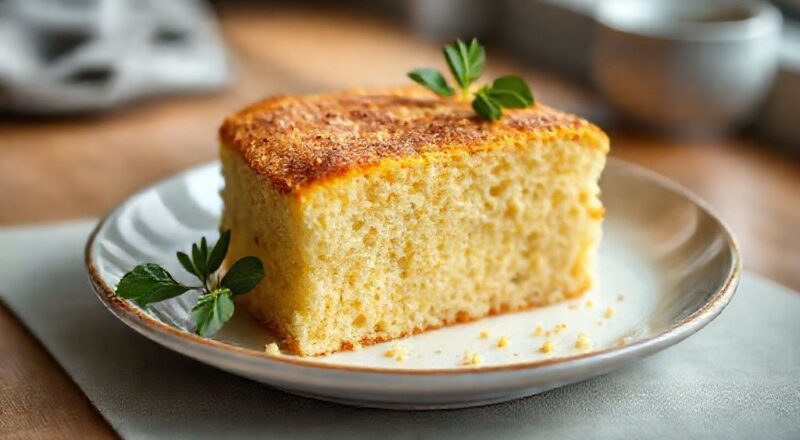 Bolo de fubá fofinho dourado, úmido e leve, servido em fatias sobre prato branco com café ao fundo