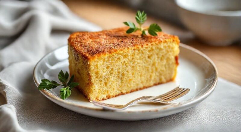 Bolo de fubá simples dourado, macio e apetitoso servido em prato rústico sobre mesa de madeira