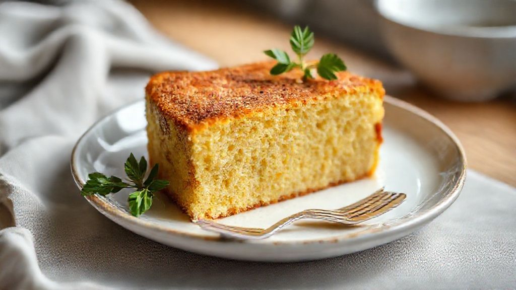 Bolo de fubá simples dourado e macio servido em fatias, perfeito para o café da manhã