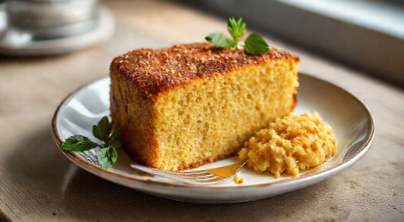Bolo de fubá tipo Pullman dourado, macio e cortado em fatias sobre um prato de café da manhã
