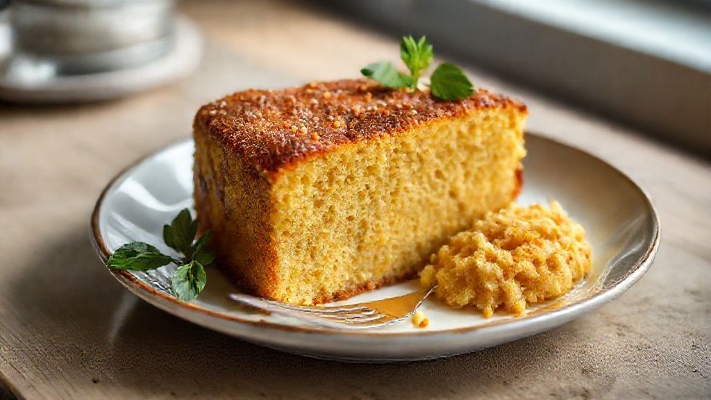 Bolo de fubá tipo Pullman caseiro dourado e macio servido em fatias, com textura leve e fofa