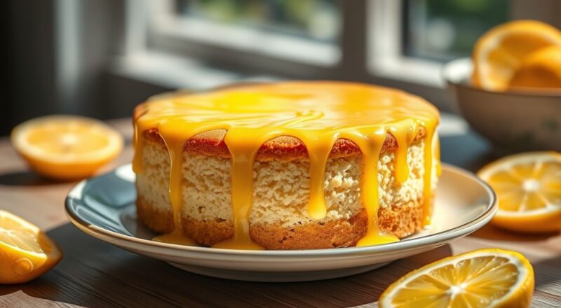 Bolo de limão fofinho coberto com glacê e raspas frescas, servido em prato branco, aspecto leve e úmido.