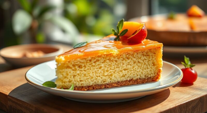 Bolo dourado e macio, levemente úmido, servido em fatias sobre prato branco, decorado com coco ralado
