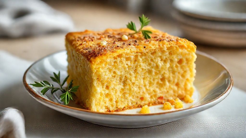 Bolo de milho de lata cremoso dourado e úmido, servido em fatias sobre prato rústico, com aparência caseira e irresistível.