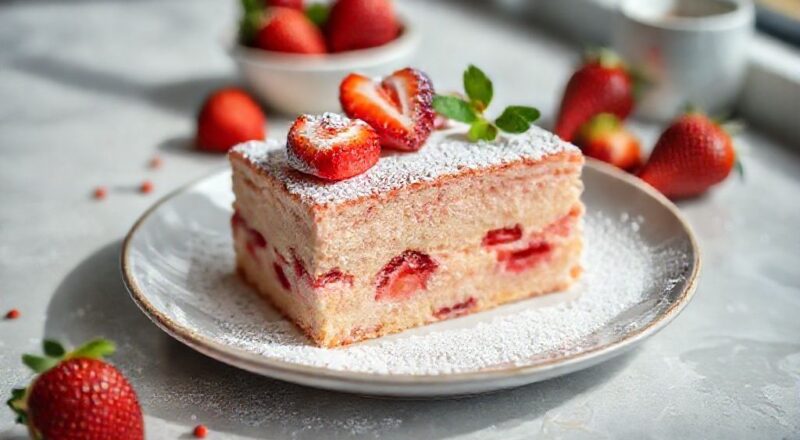 Bolo decorado com morango e leite Ninho polvilhado, com cobertura cremosa brilhante